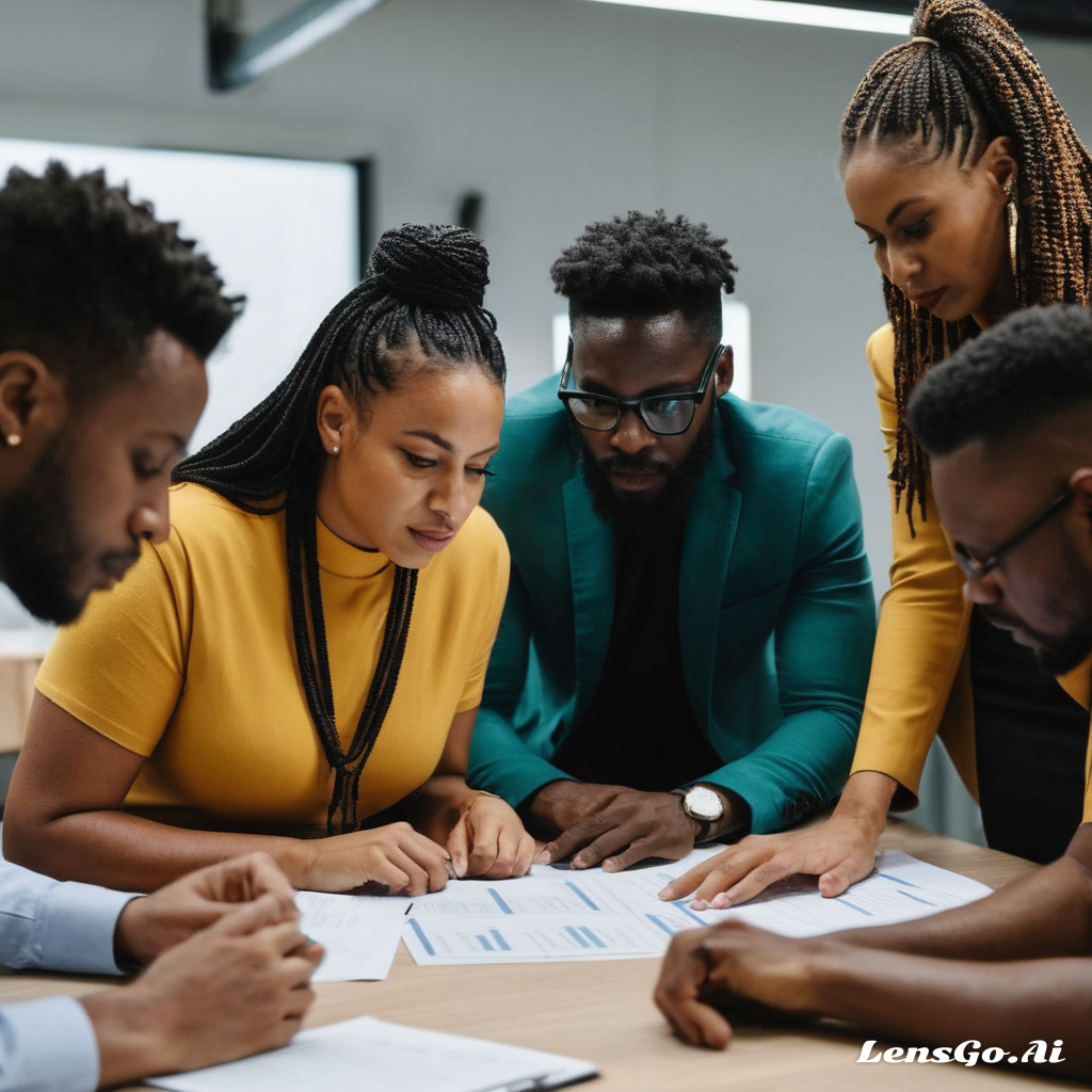 A diverse team collaborating on a document, showcasing teamwork and cooperation in a professional setting.