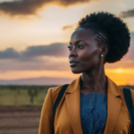 A woman in Africa standing in silhouette against a vibrant sunset sky