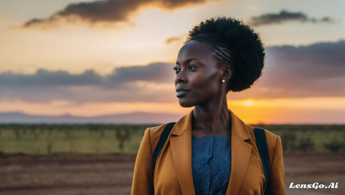 A woman in Africa standing in silhouette against a vibrant sunset sky