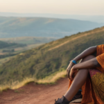 An_african young woman starring at the landscape of thousands hills