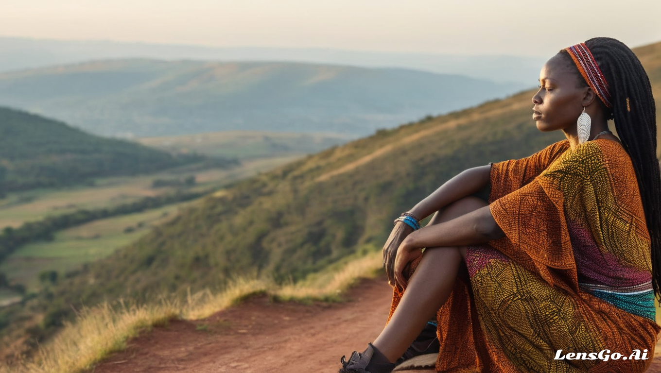 An_african young woman starring at the landscape of thousands hills